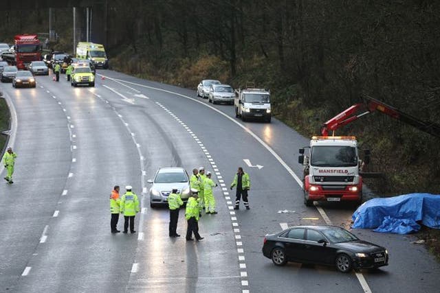 Police and emergency services attend the aftermath of a serious motor accident between Junctions 14 and 15 on the M6 motorway