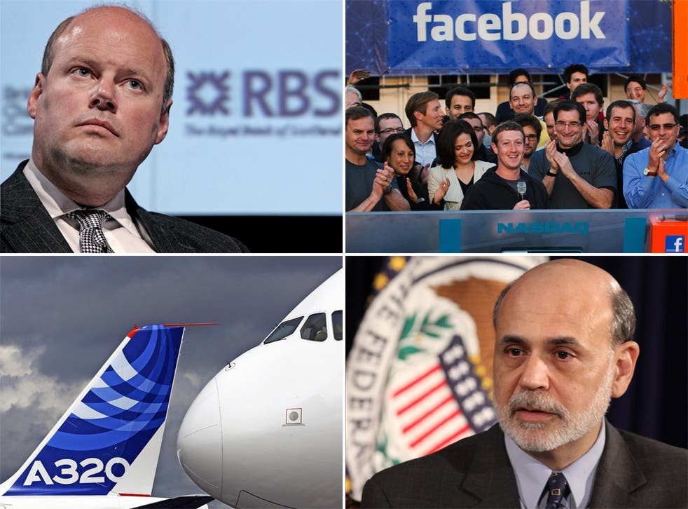 Clockwise from top left: Stephen Hester, Facebook’s float, Ben Bernanke and EADS’ Airbus