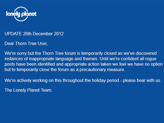The message that currently greets visitors on the Thorn Tree forum web page