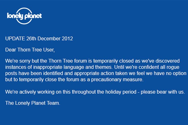 The message that currently greets visitors on the Thorn Tree forum web page