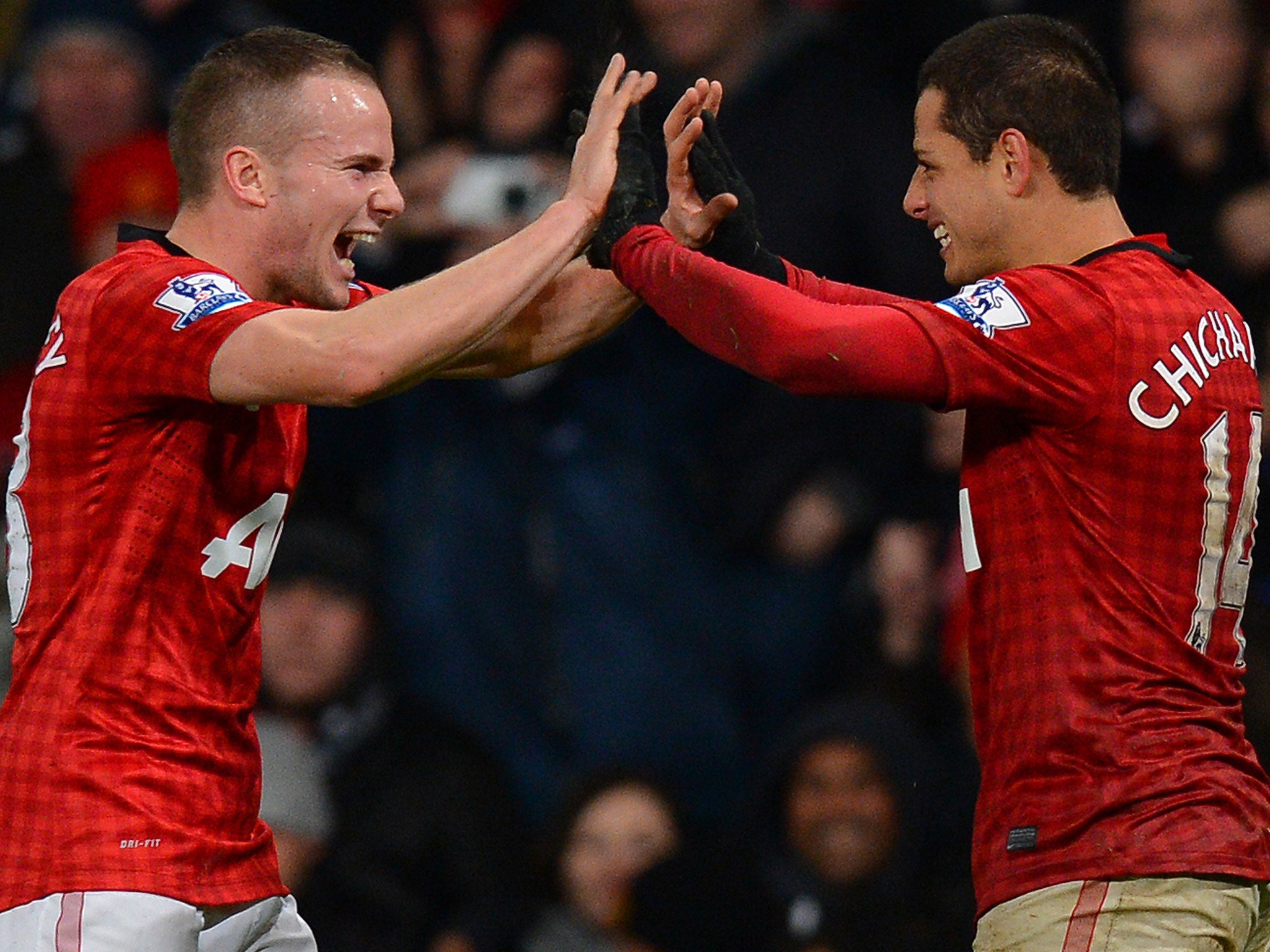 Tom Cleverley and Javier Hernandez celebrate Manchester United's late goal to beat Newcastle