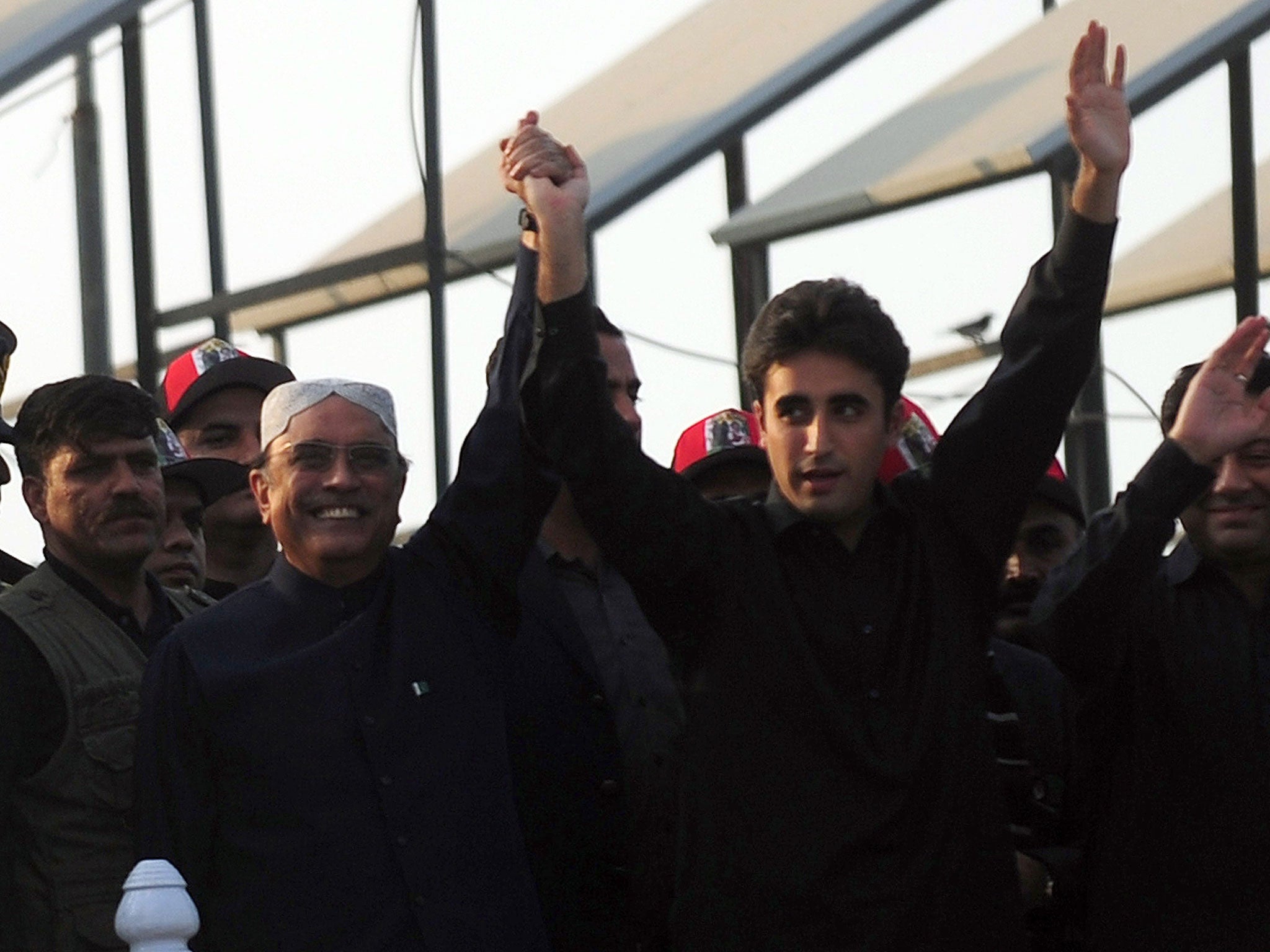 President Asif Ali Zardari, left, widower of Benazir Bhutto, with his son and chairman of the People’s Party Bilawal