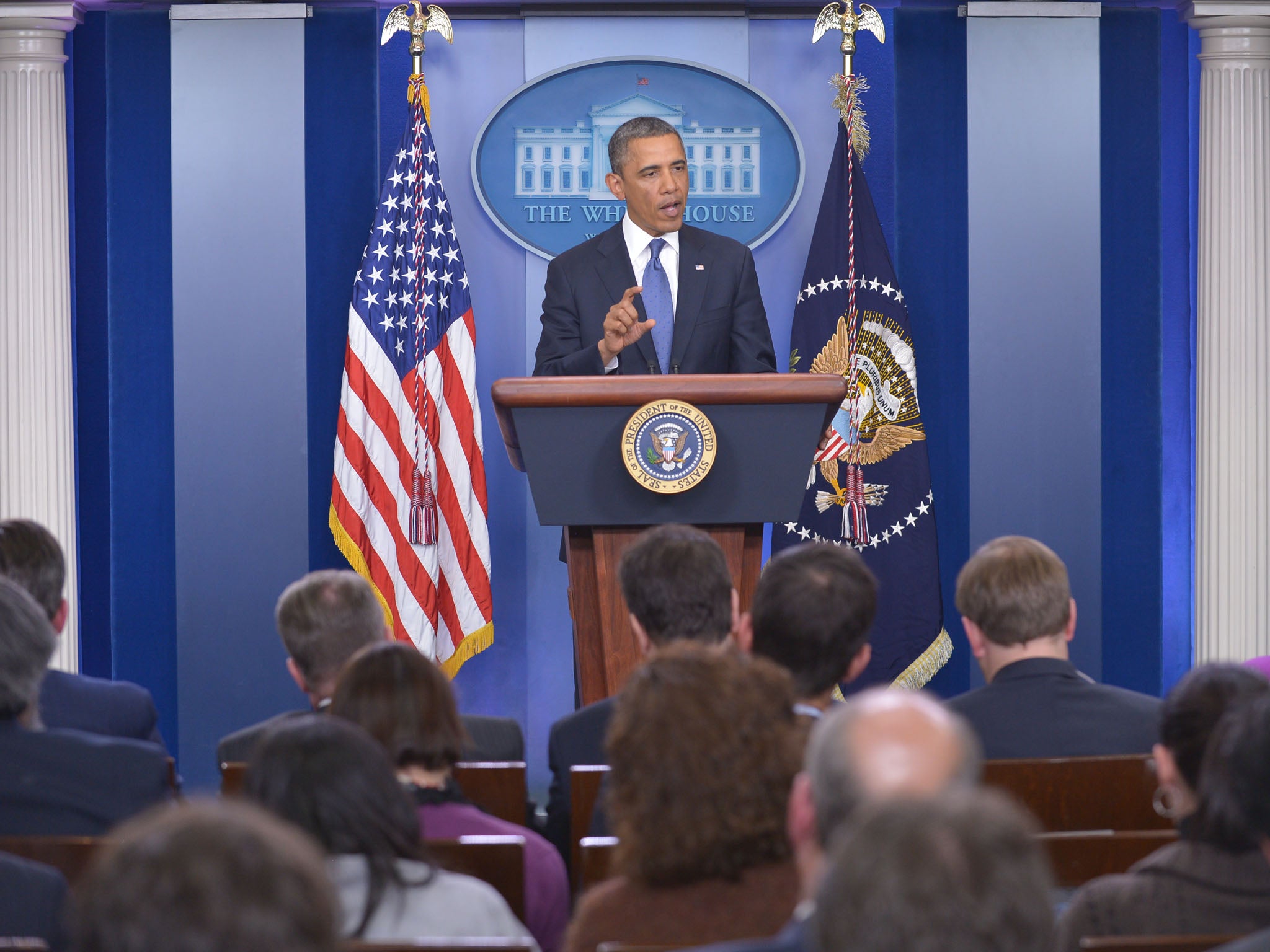 US President Barack Obama speaks following a meeting with congressional leaders in the Brady Briefing Room of the White House. Obama met with congressional leaders for talks aimed at avoiding the 'fiscal cliff'.