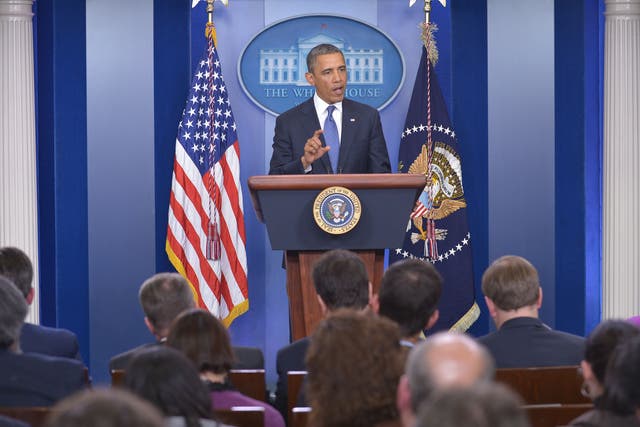US President Barack Obama speaks following a meeting with congressional leaders in the Brady Briefing Room of the White House. Obama met with congressional leaders for talks aimed at avoiding the 'fiscal cliff'. 