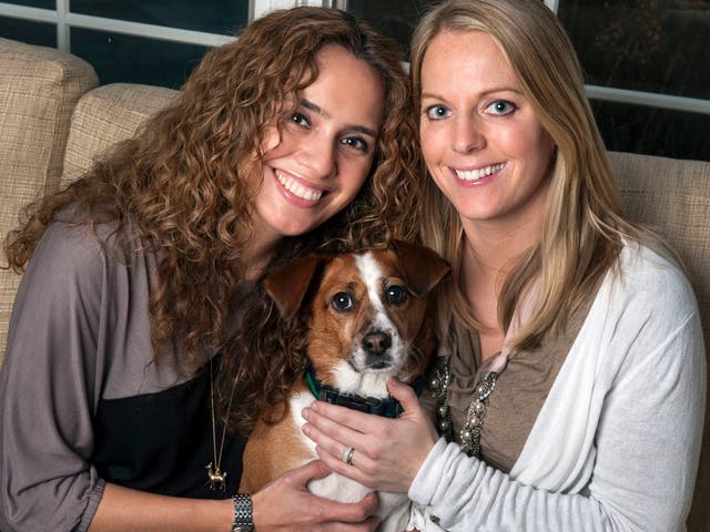 Fabiola Morales, left, and Kelly Costello, with their dog, Blue, at Costello’s family home. Costello is expecting twins in July. 