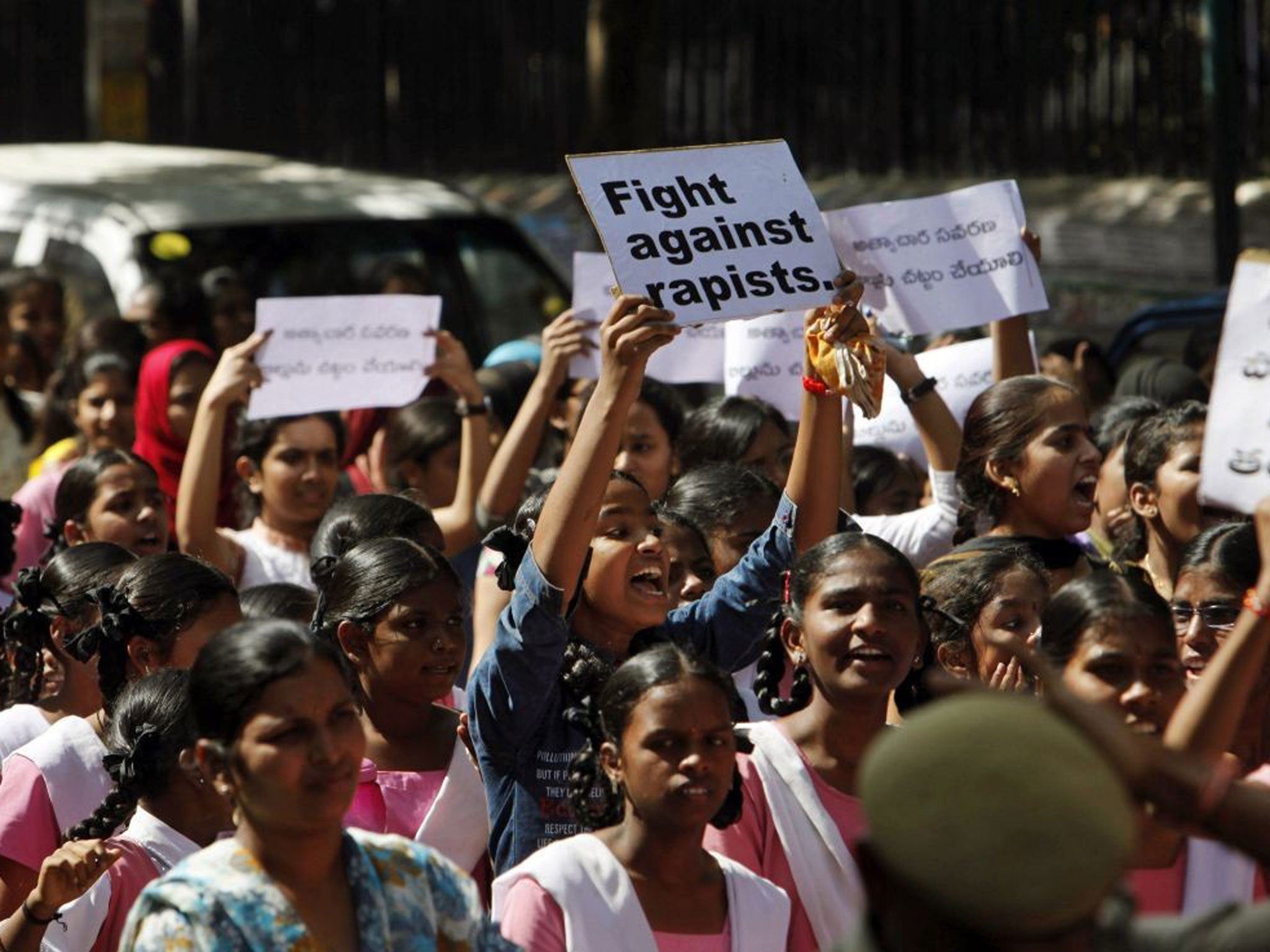 Indian students participate in a protest rally, in Hyderabad, India