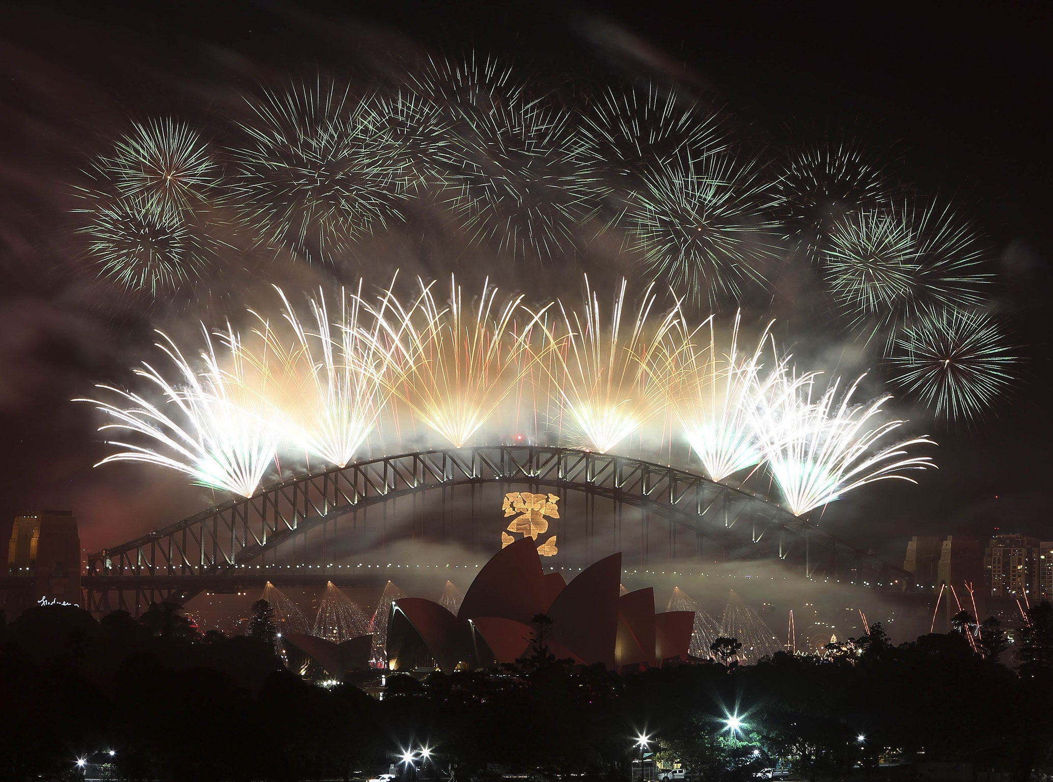 Fireworks explode in the sky above Sydney Harbour during the New Year celebrations