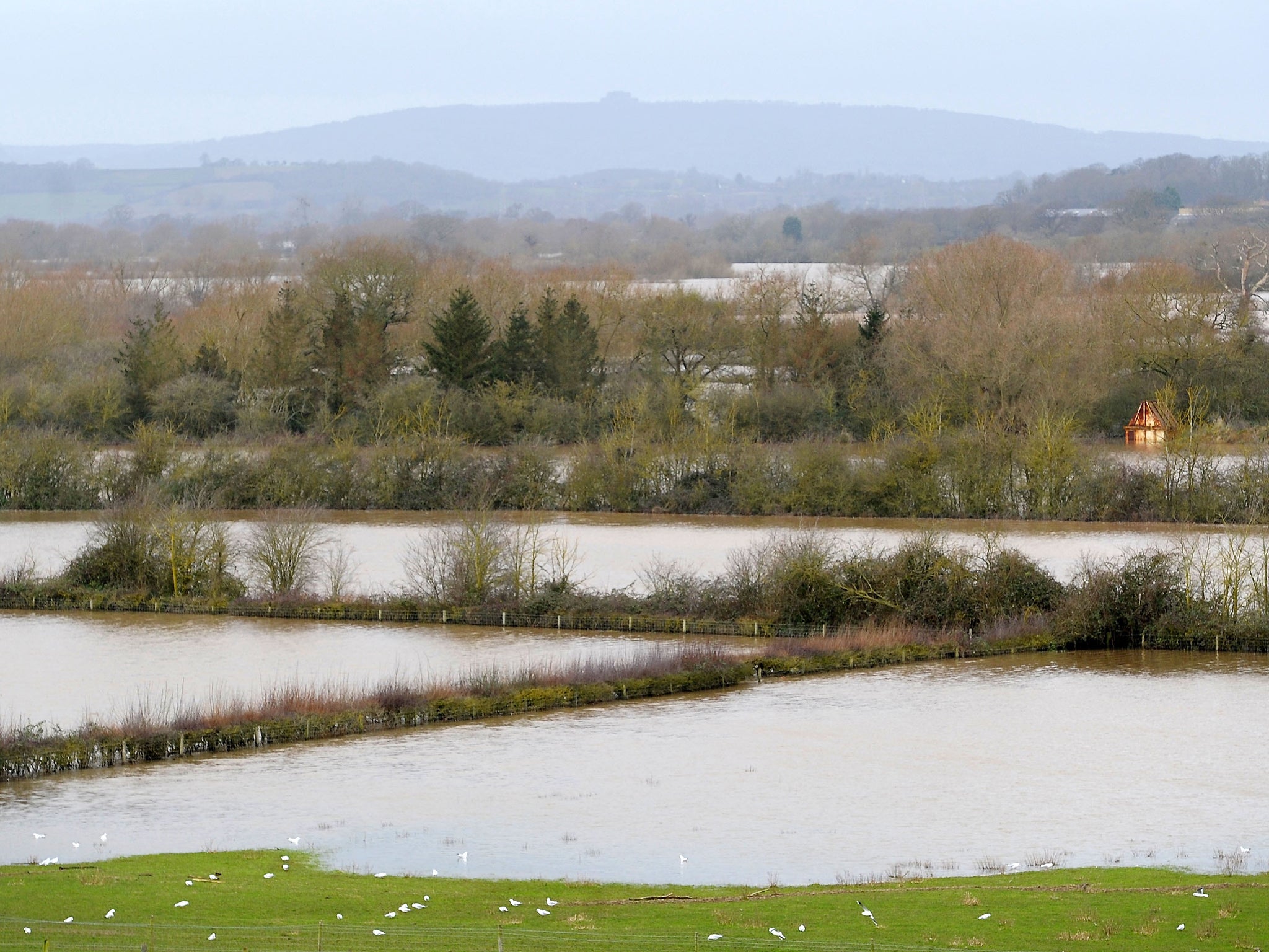 Fields covered by floodwater near Apperley in Gloucestershire after days of almost relentless downpours