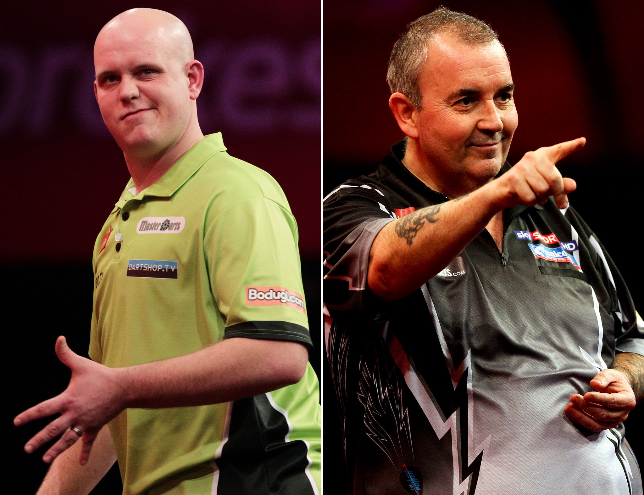 Michael van Gerwen, left, is unfazed about facing 15-time world champion Phil Taylor in tonight’s World Darts Championship final