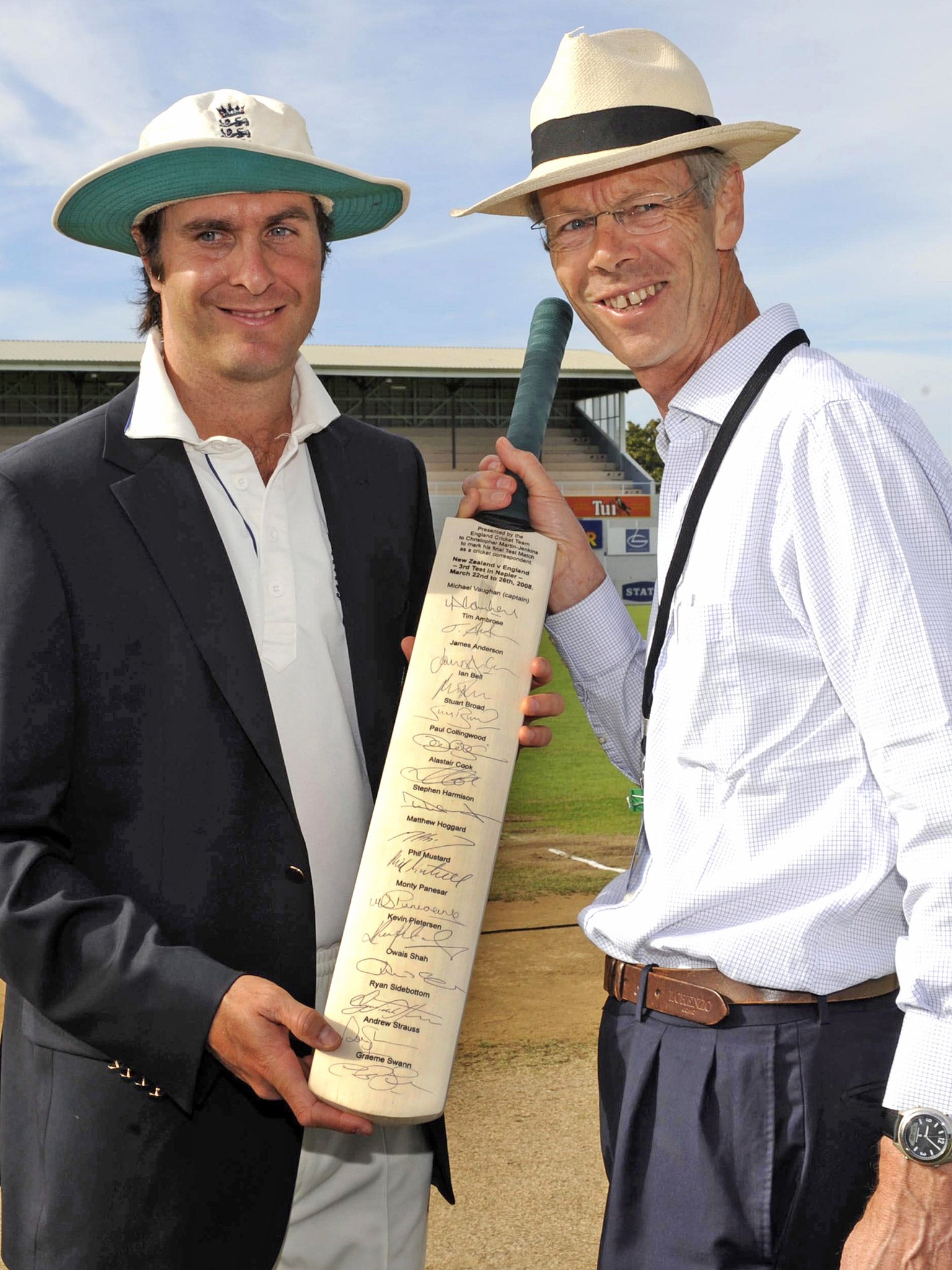 England captain Michael Vaughan presents a special bat to Christopher Martin-Jenkins in 2008