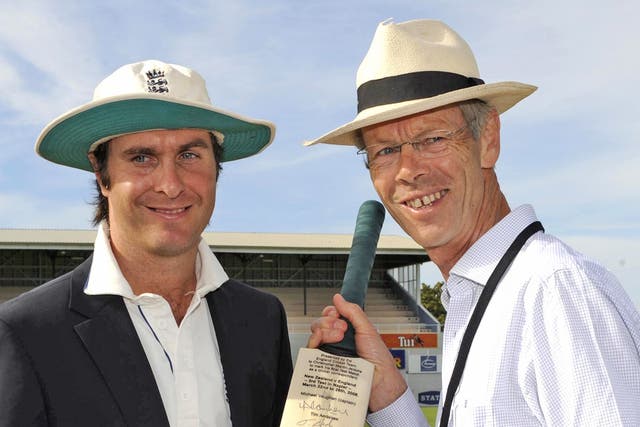 England captain Michael Vaughan presents a special bat to Christopher Martin-Jenkins in 2008