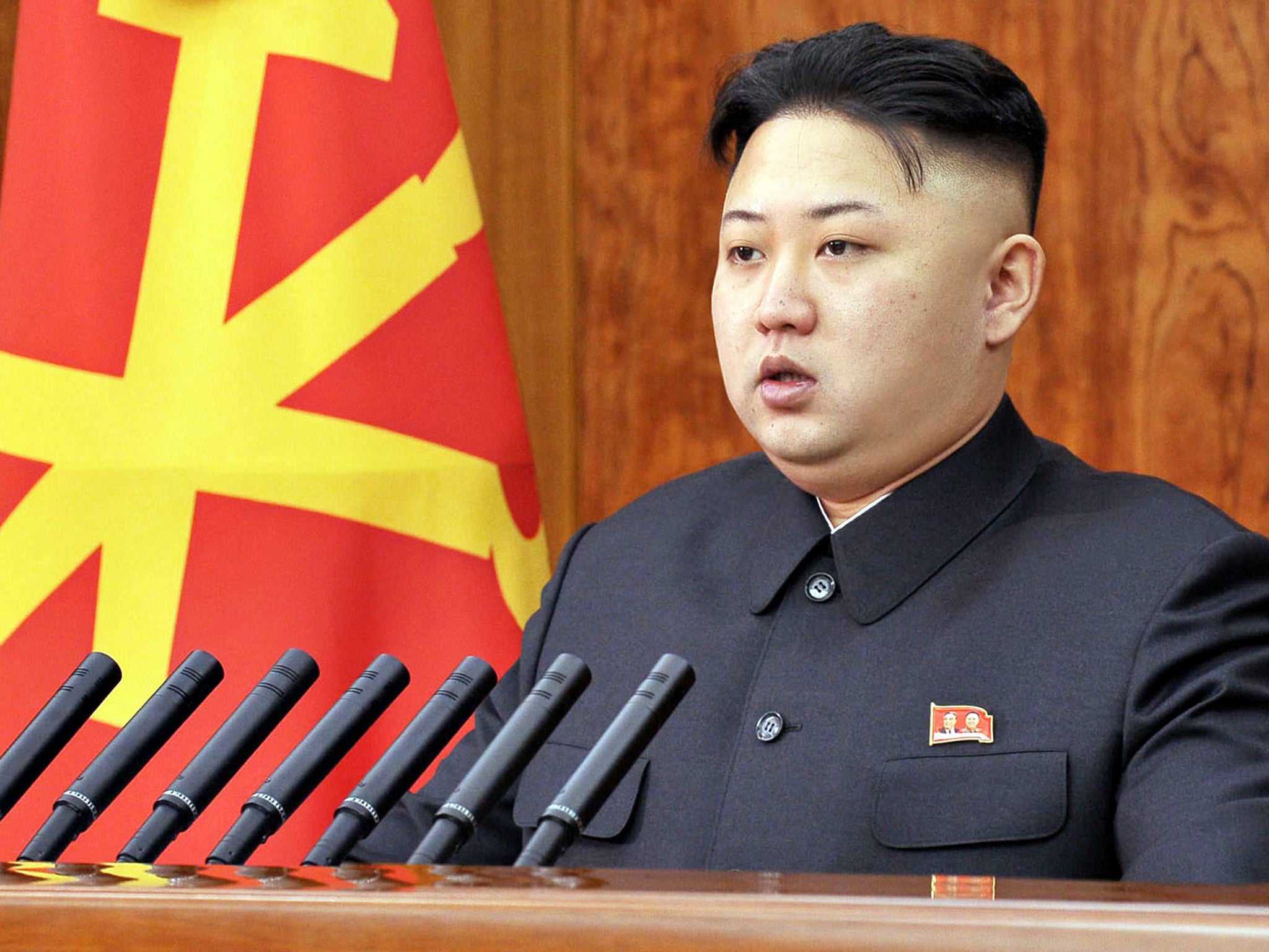 Kim Jong-un delivers his speech in Pyongyang yesterday