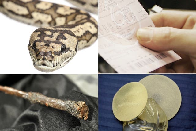 A python, a winning lottery ticket, Harry Potter's wand and breast implants have all been left in hotel rooms according to the Travelodge list