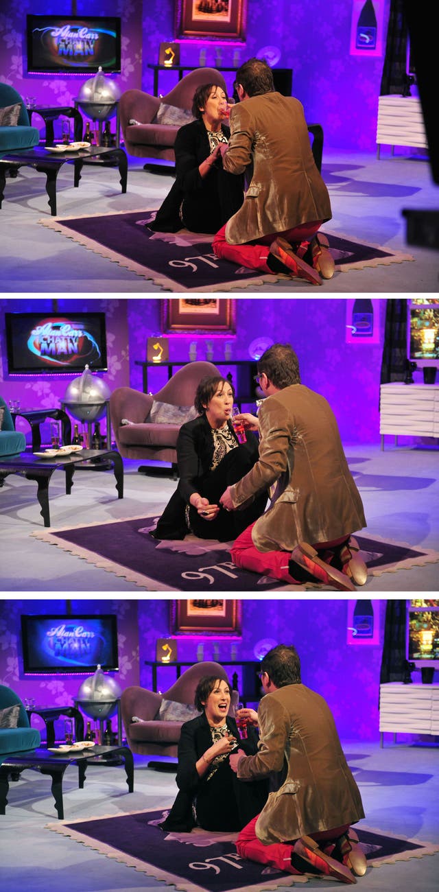 Miranda Hart performing "sip-ups" during a recording of one of the shows for Channel 4's Mash Up on Friday as she replaces Alan Carr (right) as host of Chatty Man.
