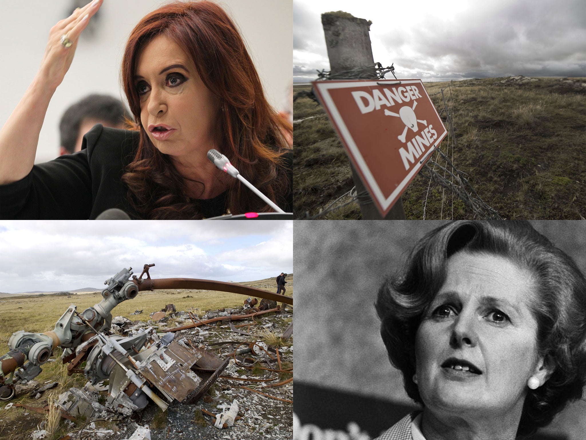 Clockwise from left: Cristina Fernandez de Kirchner, a land mine warning sign, Margaret Thatcher, who ordered the invasion of the Falklands, view of the wreckage of an Argentine helicopter
