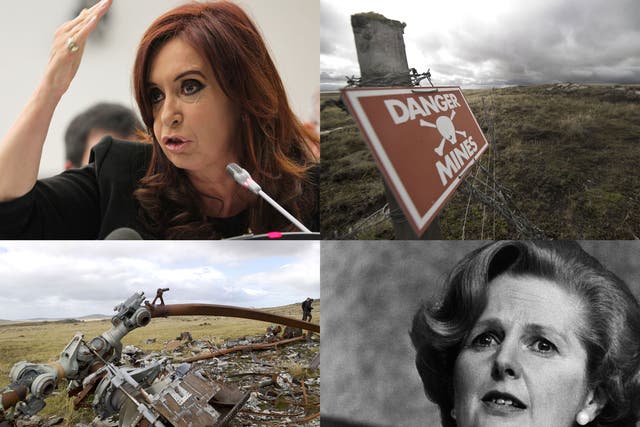 Clockwise from left: Cristina Fernandez de Kirchner, a land mine warning sign, Margaret Thatcher, who ordered the invasion of the Falklands, view of the wreckage of an Argentine helicopter 