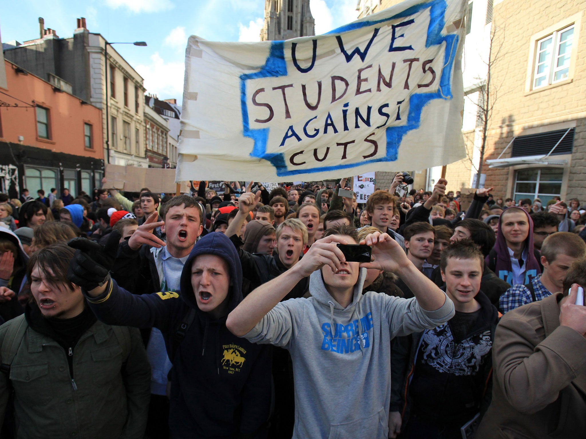 Students walk out of lectures and classes to join a protest against the rise in tuition fees on November 24, 2010 in Bristol, United Kingdom.