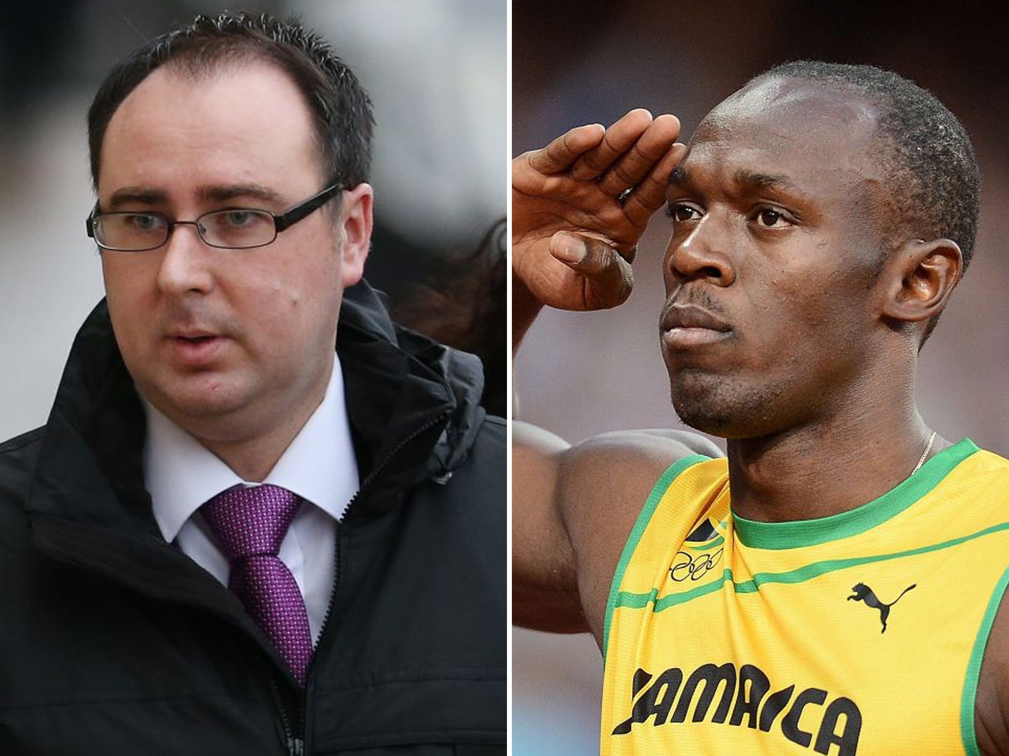 Ashley Gill-Webb, 34, is accused of pushing his way to the front of an exclusive seating area without a ticket and shouting abuse at the Jamaican sprinter Usain Bolt