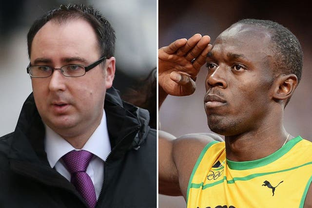Ashley Gill-Webb, 34, is accused of pushing his way to the front of an exclusive seating area without a ticket and shouting abuse at the Jamaican sprinter Usain Bolt