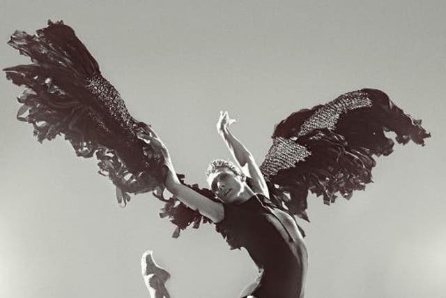 Zenaida Yanowsky leaping in a pair of woollen black wings