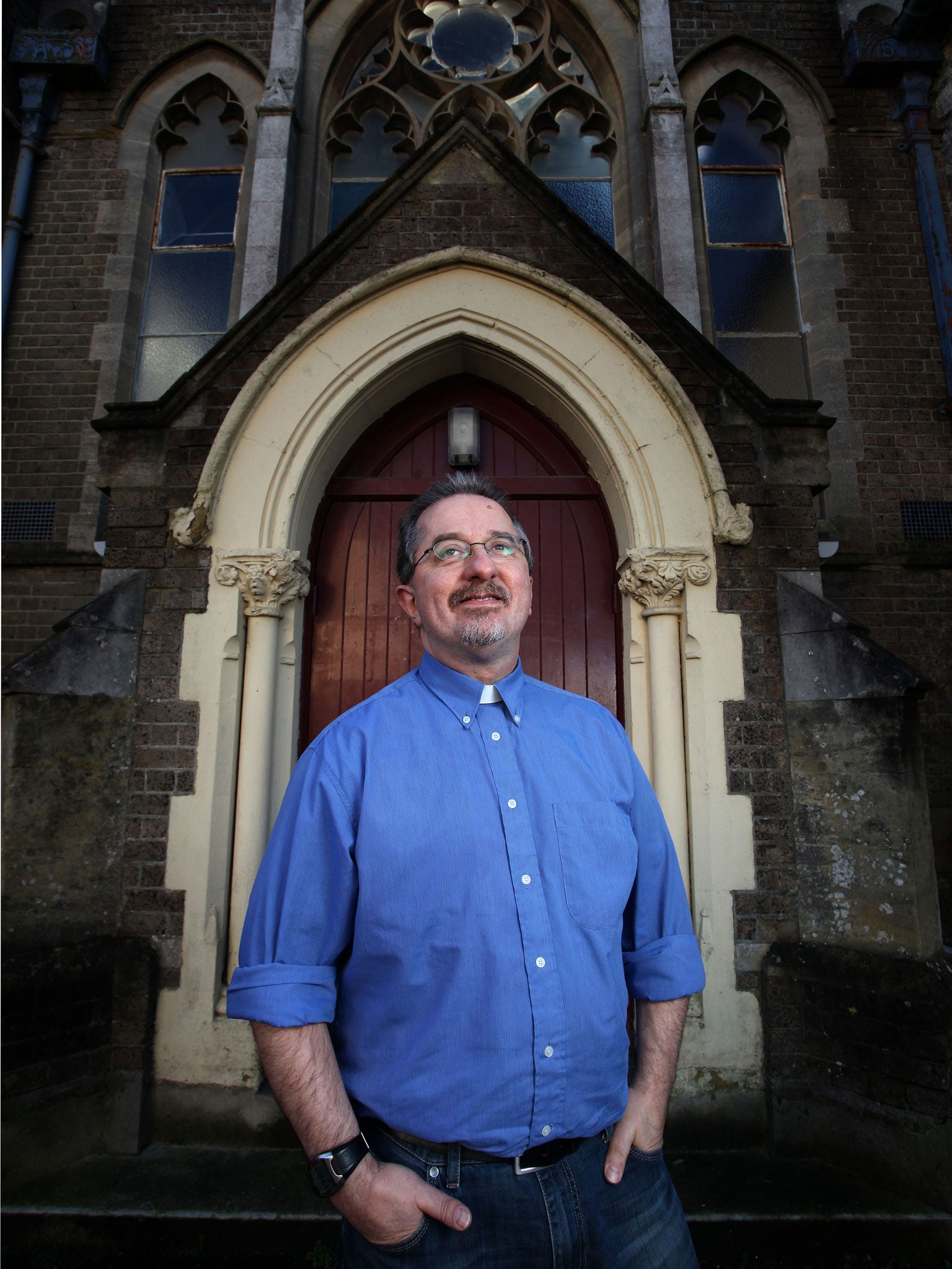 Benny Hazlehurst, who now works as a prison chaplain, at his local church in Dorchester