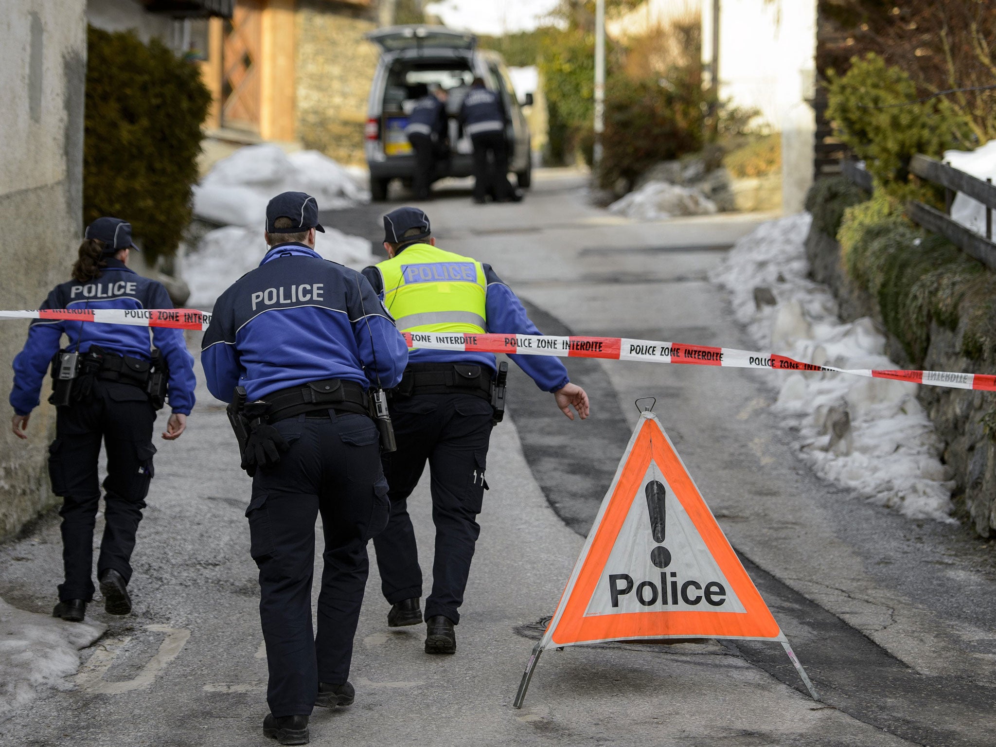Police search for evidence yesterday in the village of Daillon, where a gunman with psychiatric and drug problems opened fire on the streets, killing three women and injuring two men