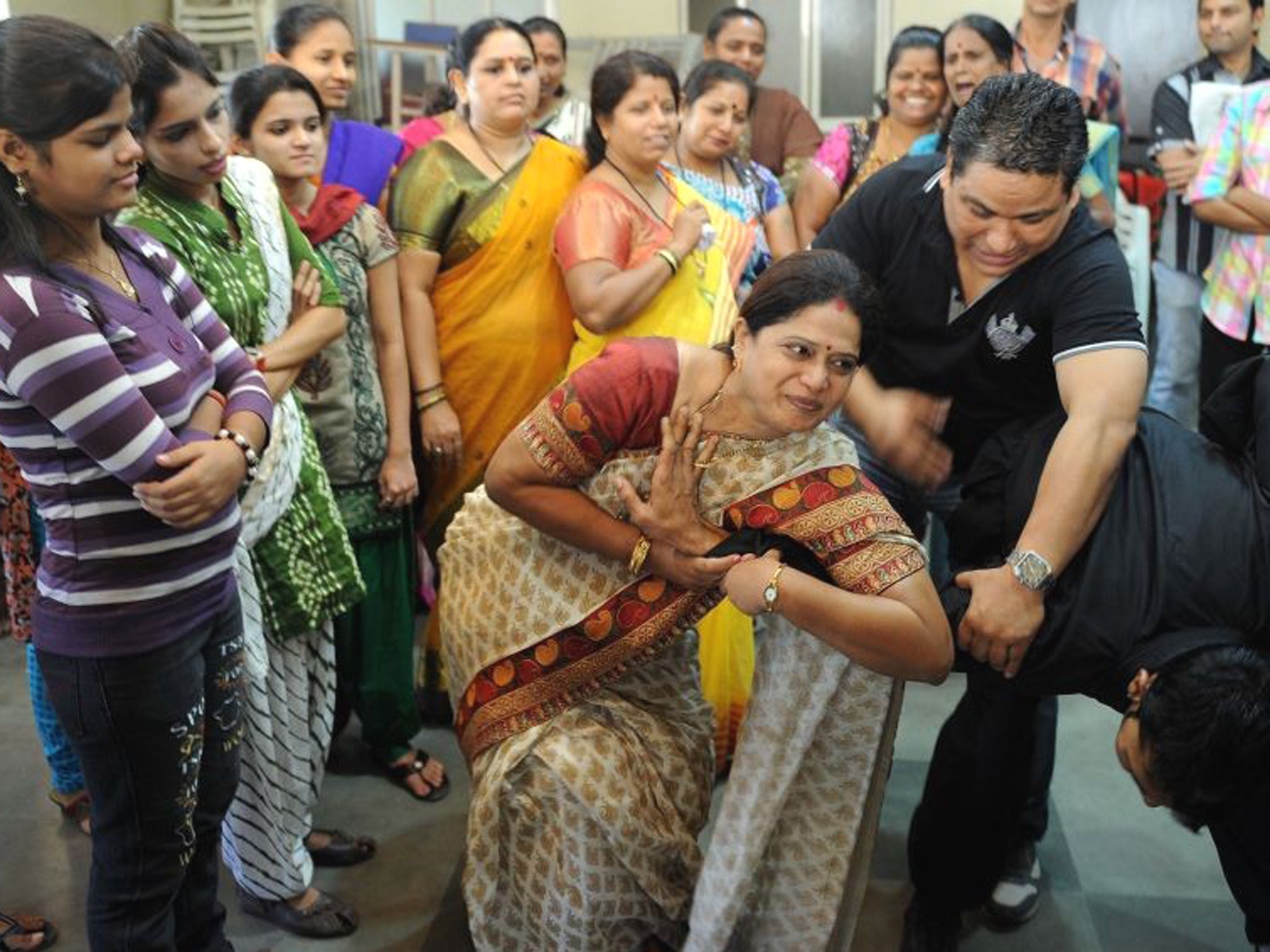 A woman practises a self-defence technique at a class in Mumbai yesterday