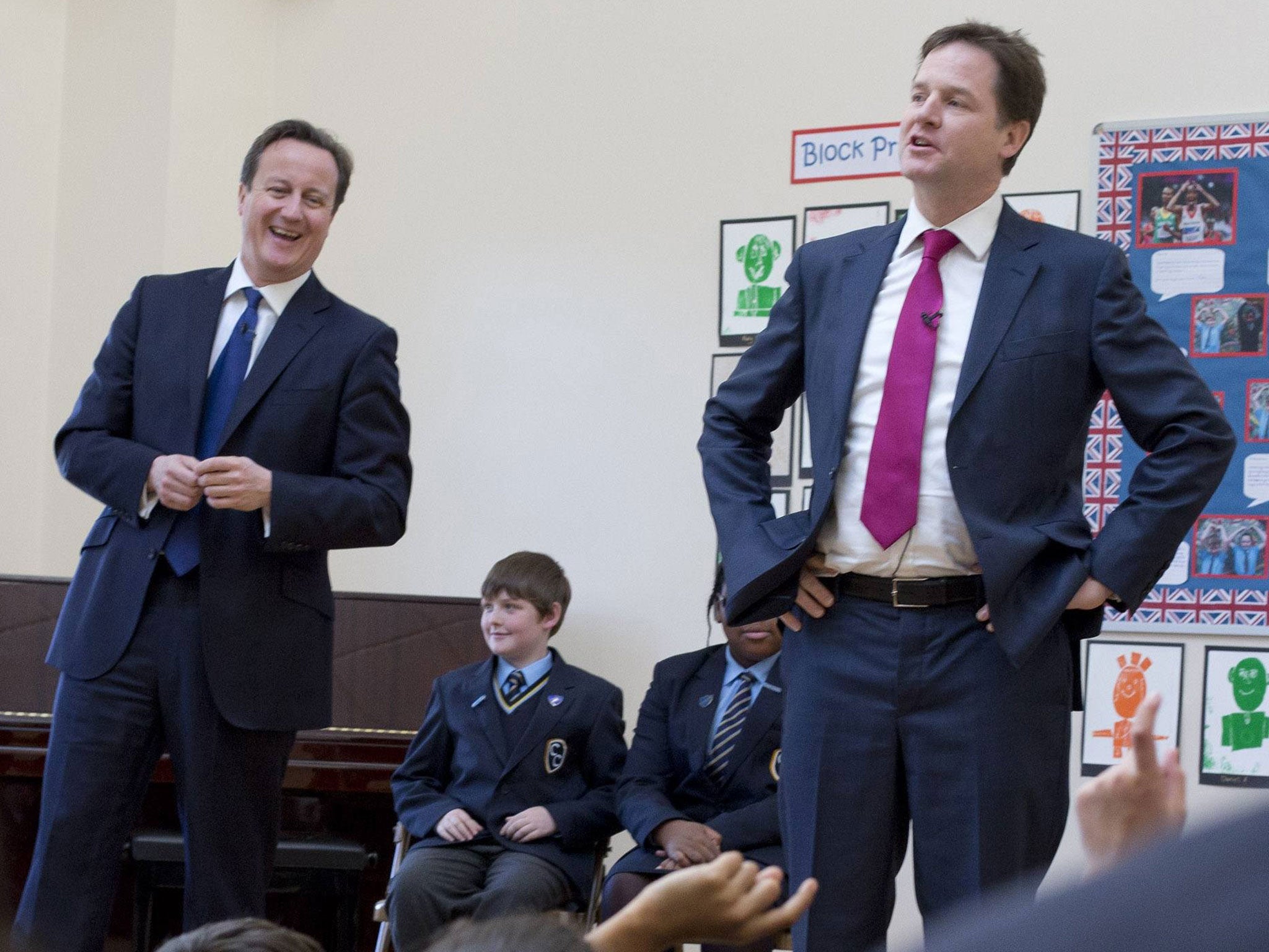 David Cameron and Nick Clegg meet Brixton schoolchildren last month