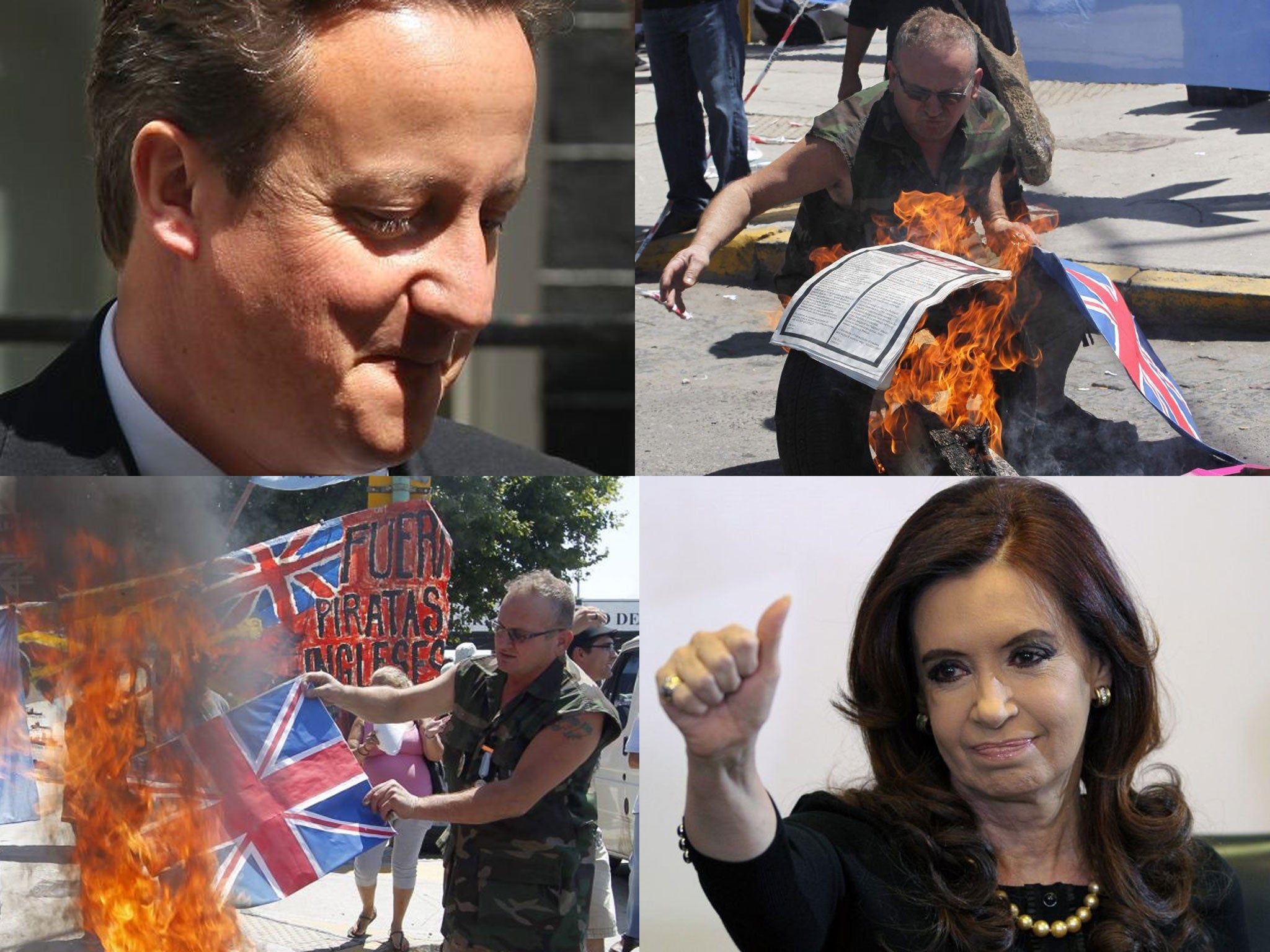 Clockwise from top left: David Cameron, An advert placed by the Sun is set on fire, Cristina Fernández de Kirchner,a British flag is set on fire during a protest by left-wing activists at the Buenos Aires