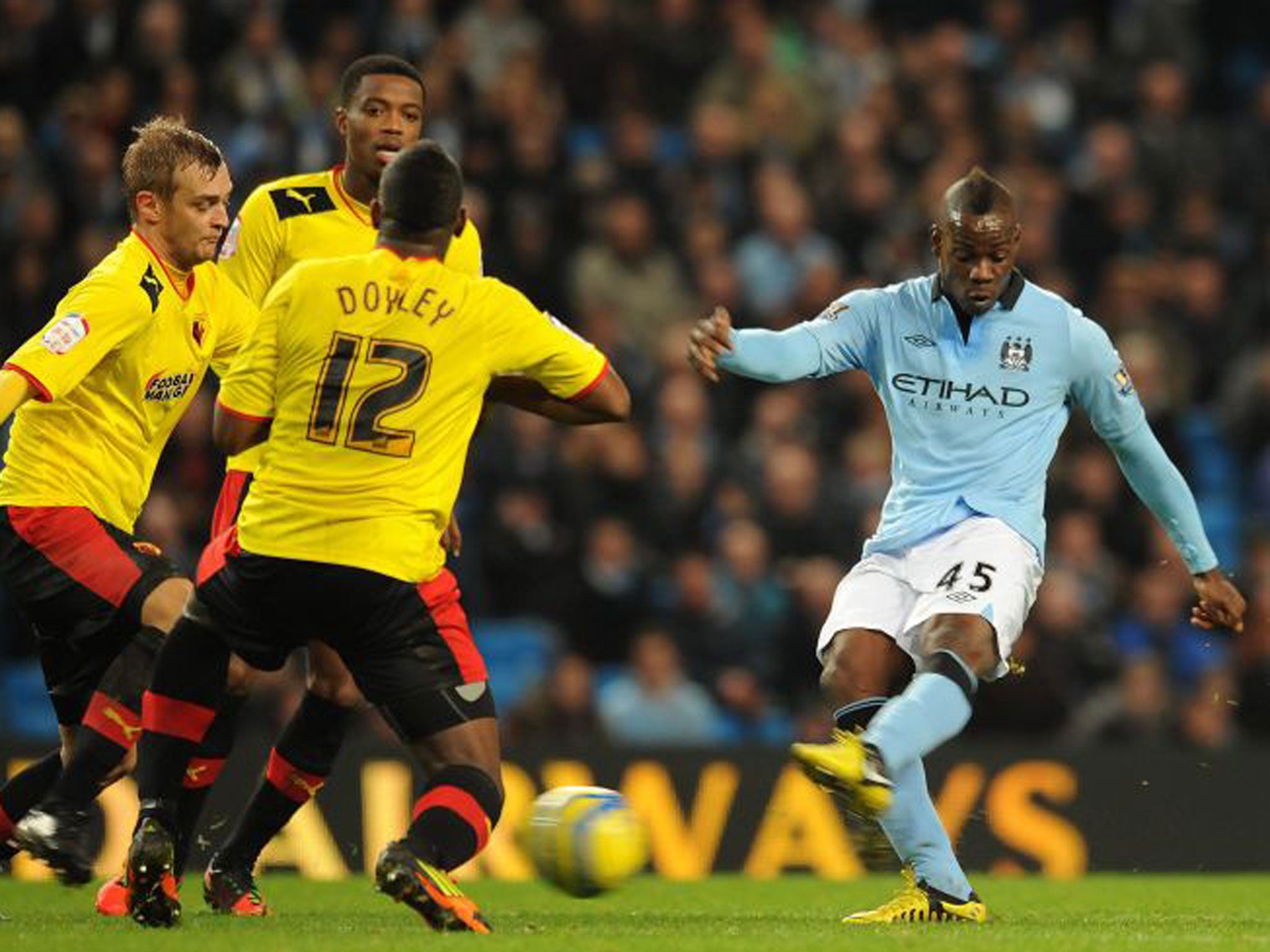 Mario Balotelli fires in a shot after coming on as a substitute on Saturday