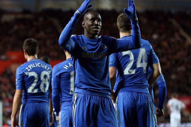 Chelsea’s new signing, Demba Ba, celebrates his debut goals