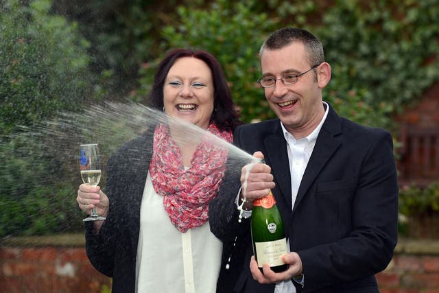 Sue and James Schofield celebrate their win