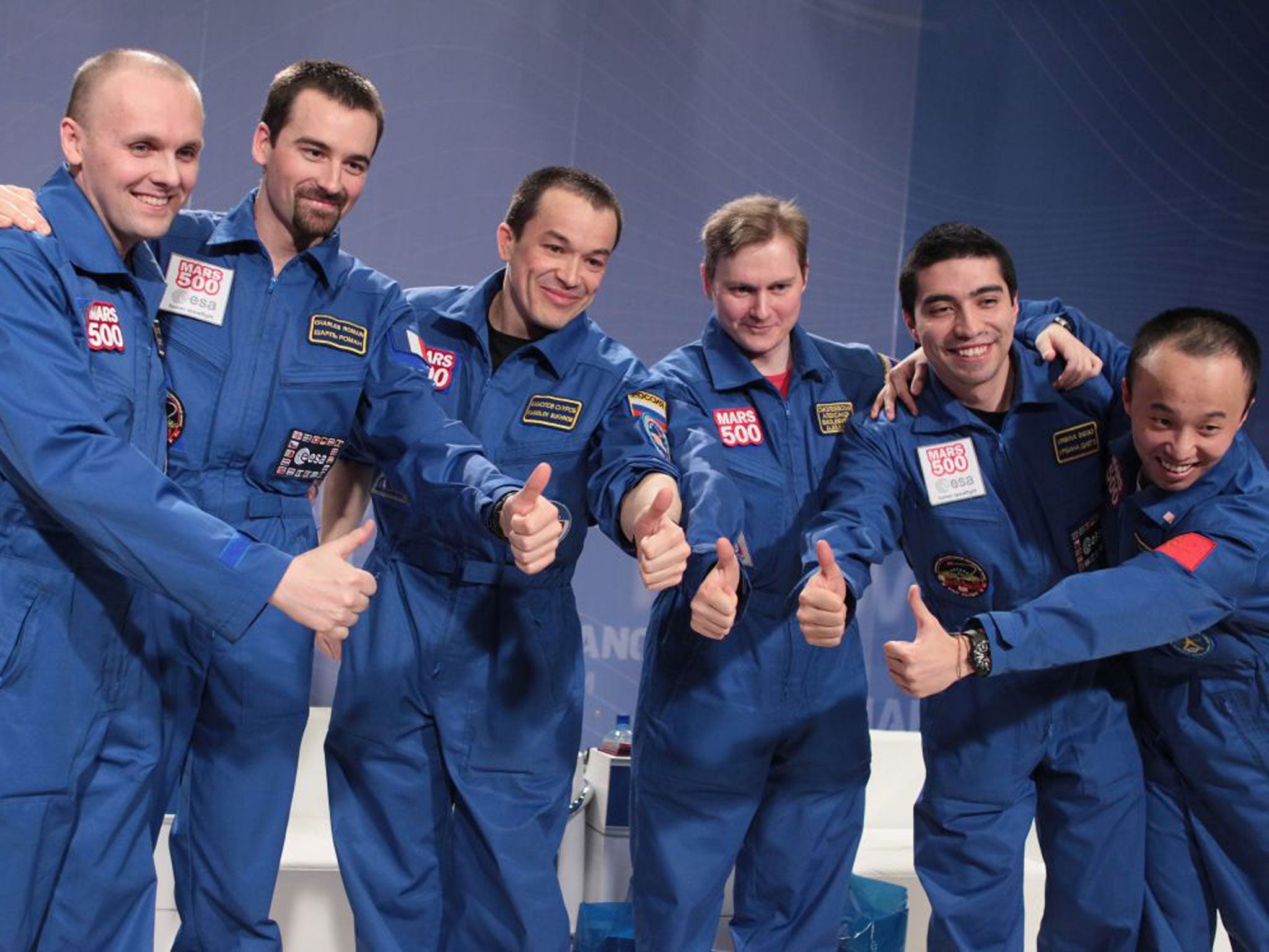 An international crew of researchers (L-R) Cosmonaut training centre specialist Alexei Sitev, European Space Agency specialists Charles Romani of France, doctor Sukhrob Kamol, military doctor Alexei Smoleyevsky, European Space Agency specialists Diego Urb