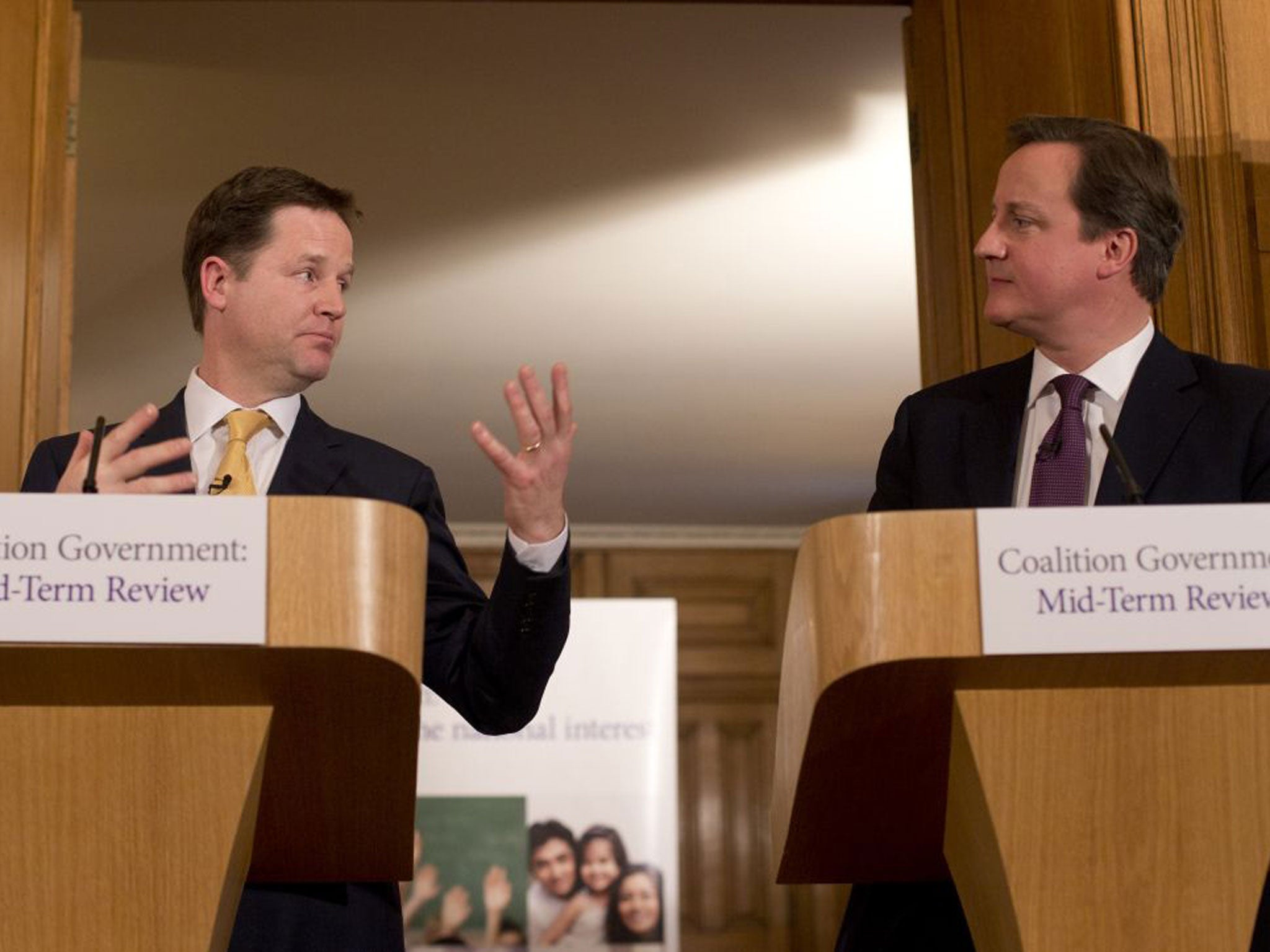 David Cameron and Nick Clegg during their joint press conference in 10 Downing Street yesterday