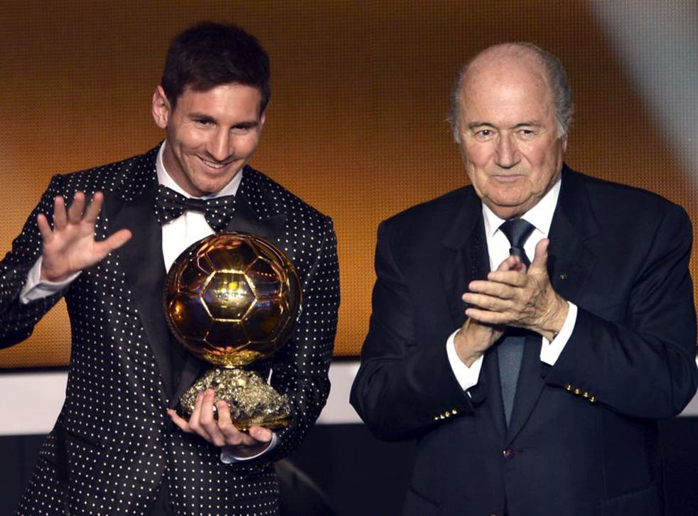Lionel Messi receives the Ballon d’Or last night from Sepp Blatter in Zurich