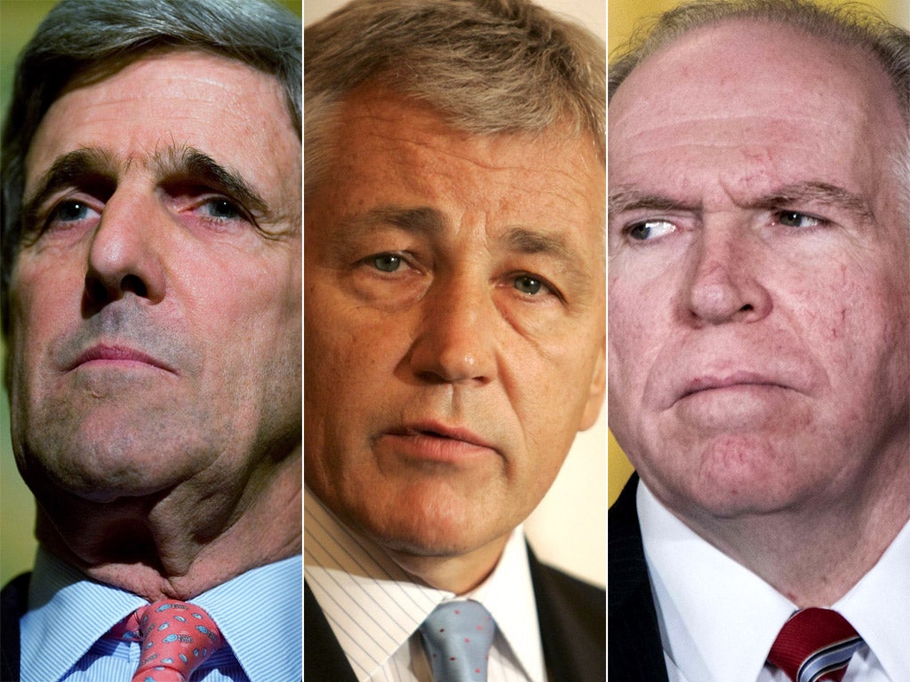 Obama's new foreign affairs team: (from left) John Kerry, Secretary of State; Chuck Hagel, Defence Secretary; John Brennanm, CIA Director