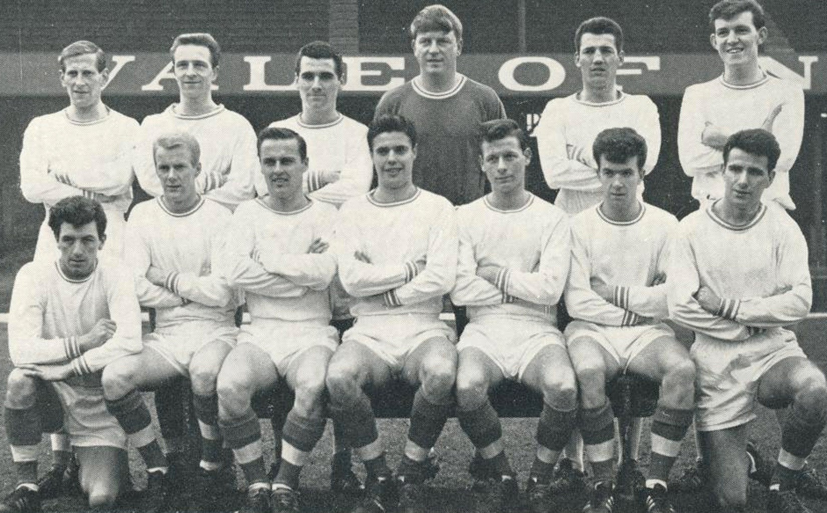 The Swansea Town side of 1963-64 from the match programme for the Preston North End tie. Top row from left to right: Thomas, Hughes, R Evans, Dwyer, Purcell, Williams. Front row: Reynolds (did not play), Jones, Todd, Johnson, Draper, B Evans (did not play