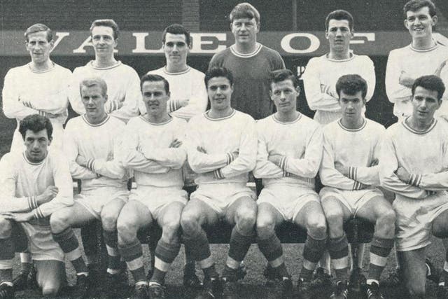 The Swansea Town side of 1963-64 from the match programme for the Preston North End tie. Top row from left to right: Thomas, Hughes, R Evans, Dwyer, Purcell, Williams. Front row: Reynolds (did not play), Jones, Todd, Johnson, Draper, B Evans (did not play