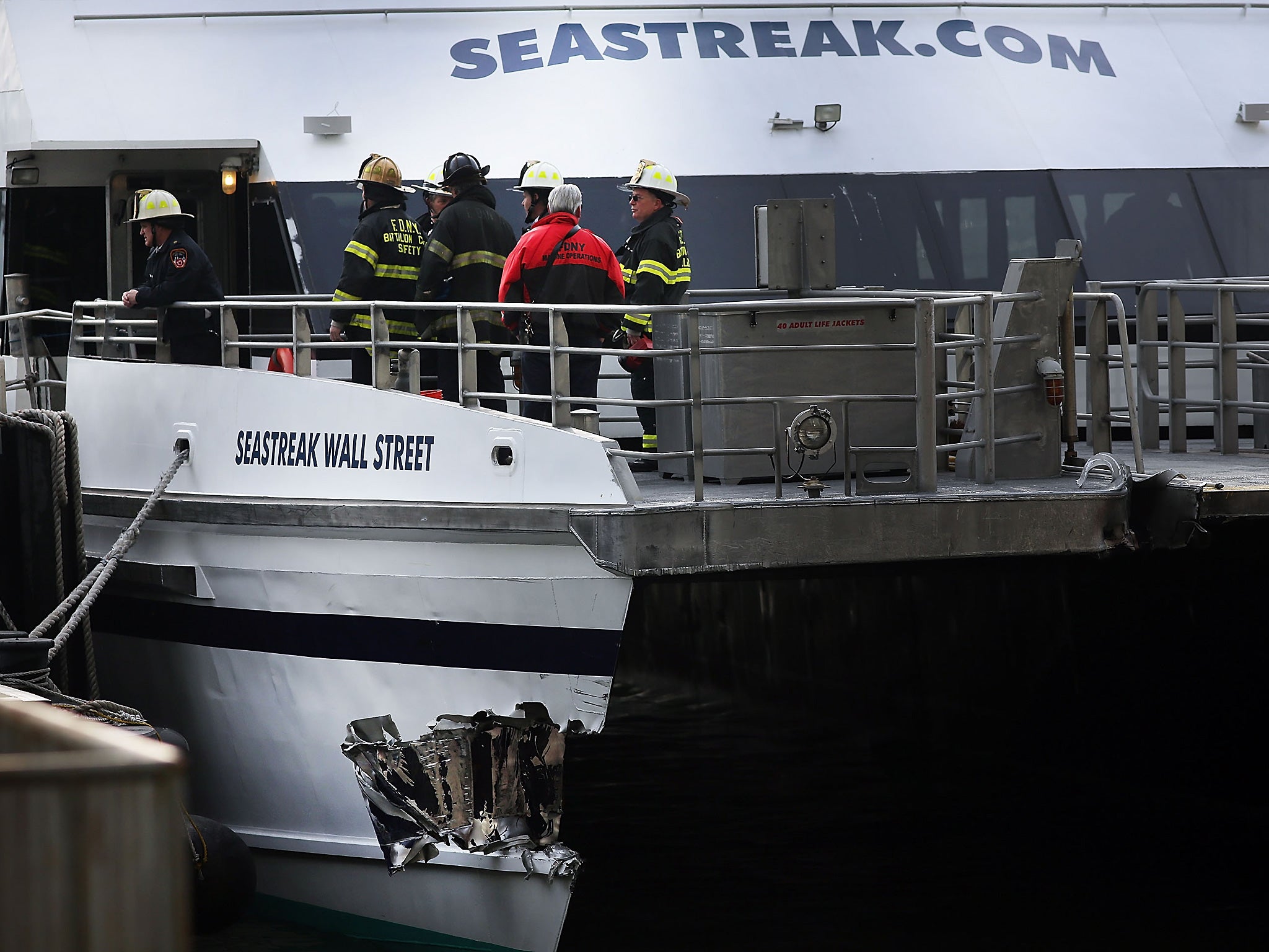 A gash in the Seastreak ferry after an early morning accident during rush hour in Lower Manhattan