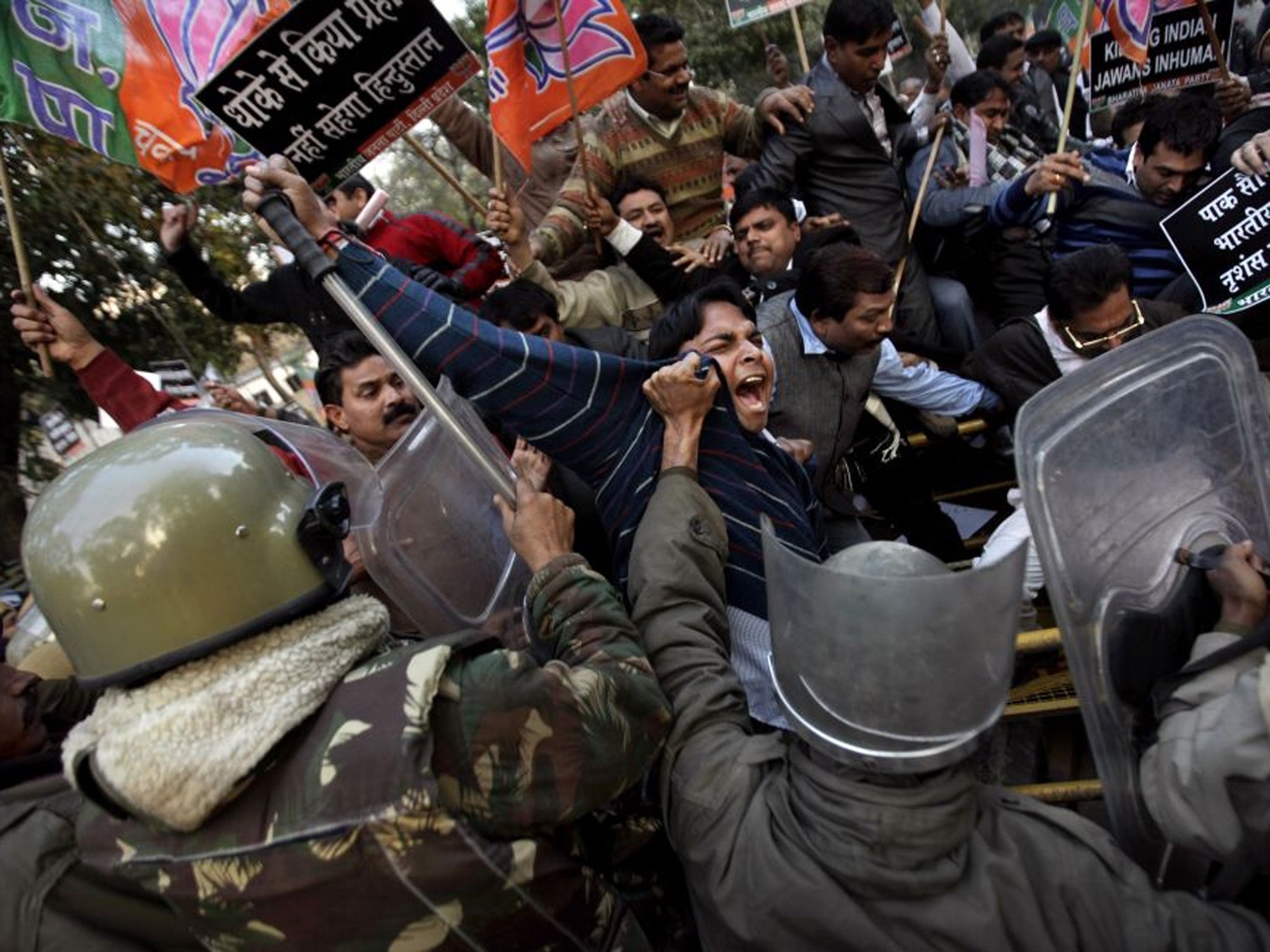 Supporters of India’s main opposition Bharatiya Janta Party protest against Pakistan in Delhi