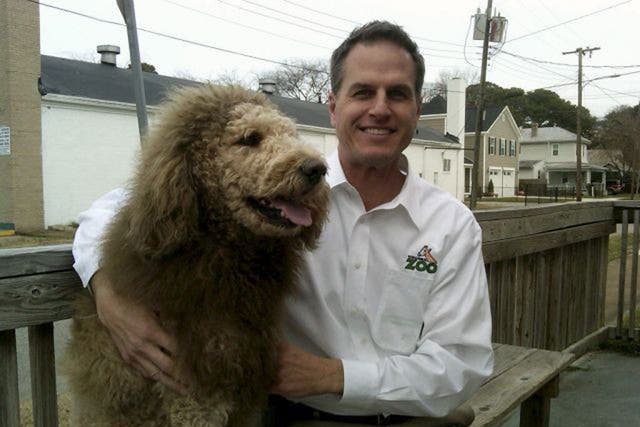 Virginia zoo's executive director Greg Brockheim with Charles the Monarch, a Labradoodle with a cut resembling the shaggy mane and tawny coat of a Lion