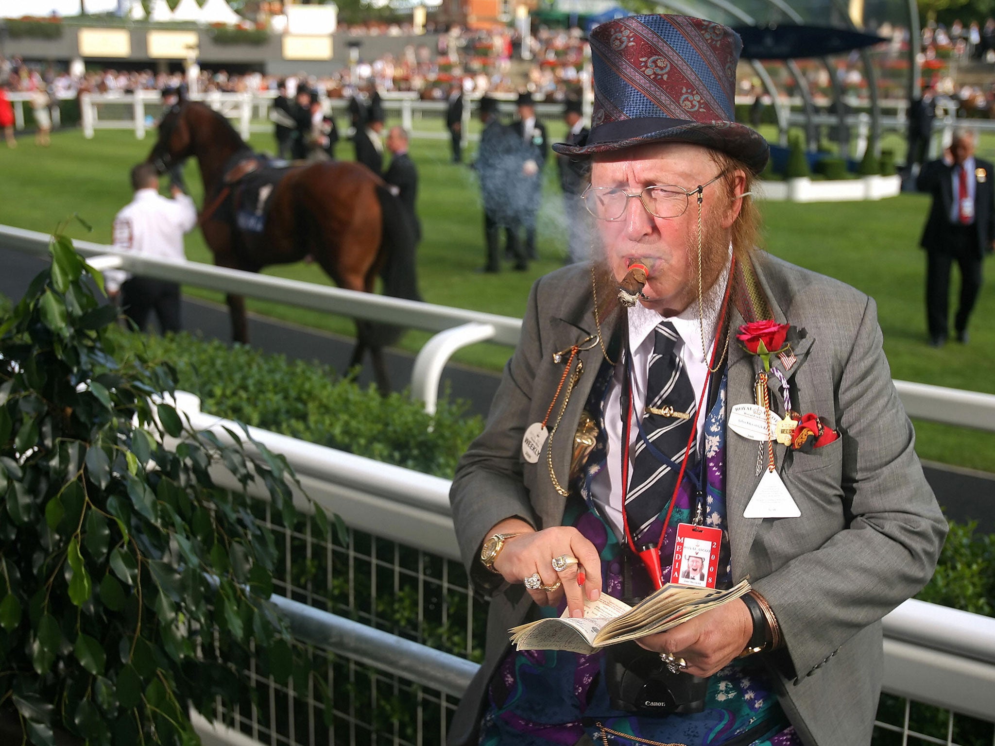 English television horse racing pundit john McCririck is pictured on the first day of Royal Ascot at Ascot racecourse in southern England, on June 17, 2008.