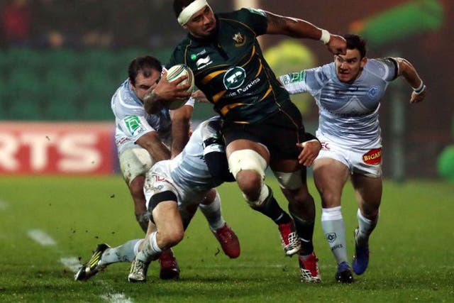 Northampton lock Samu Manoa charges through the Castres defence at Franklin’s Gardens last night
