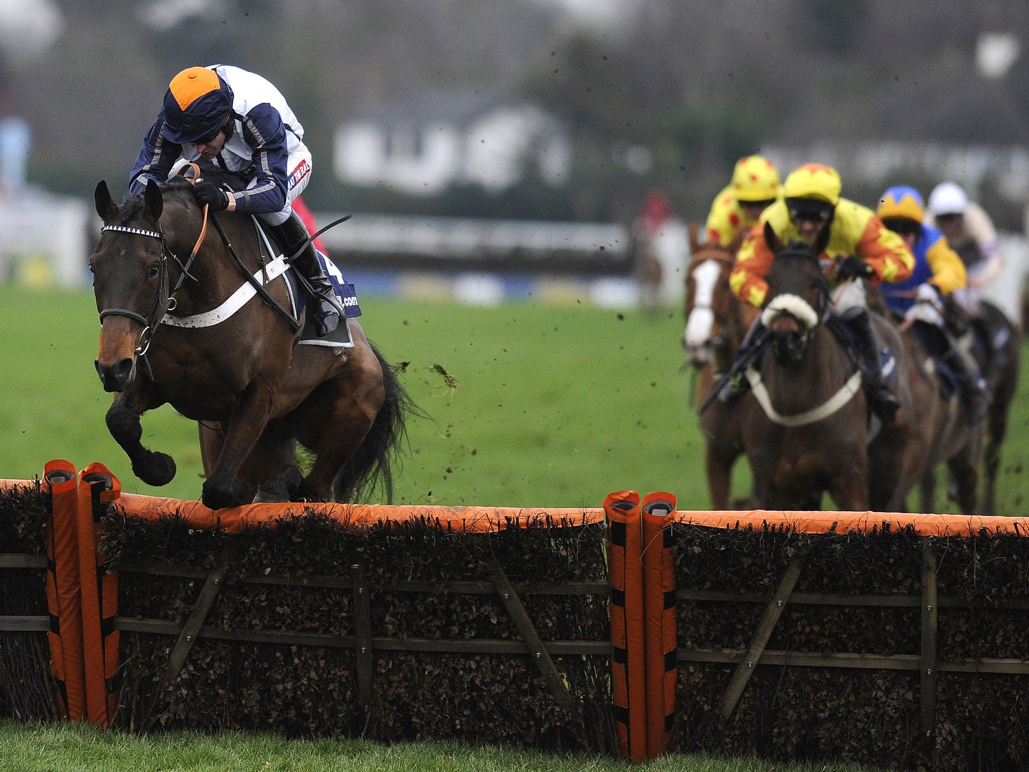 Back on track: Oscara Dara, returning to hurdles from fences, triumphs in the Lanzarote Hurdle at Kempton under Barry Geraghty despite fluffing the last