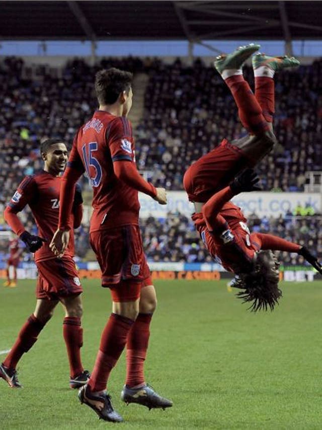 Romelu Lukaku goes aerial as he celebrates scoring his second goal for West Brom on Saturday