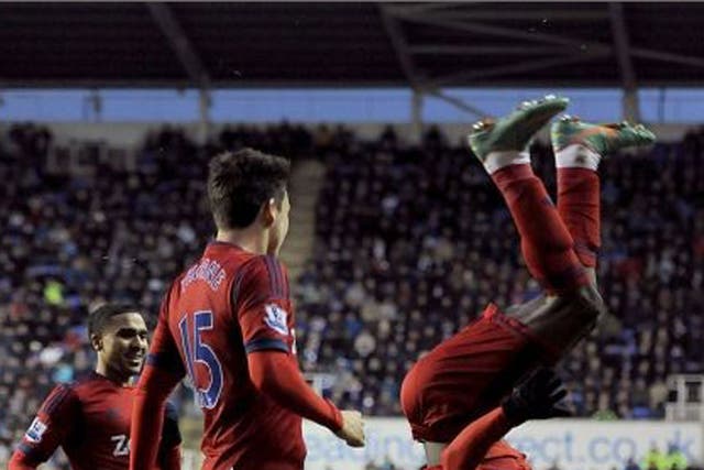 Romelu Lukaku goes aerial as he celebrates scoring his second goal for West Brom on Saturday