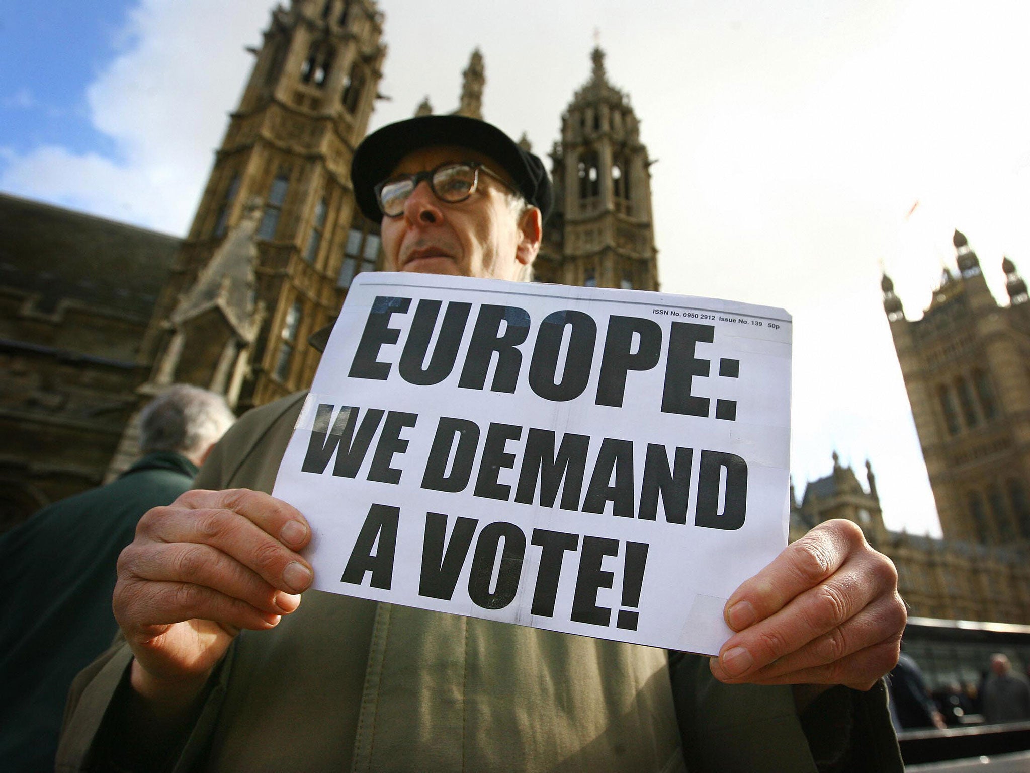 Protestors take part in a demonstration calling for a referendum on the European Union (EU) Lisbon Treaty, outside the Houses of Parliament in central London, on February 27, 2008.