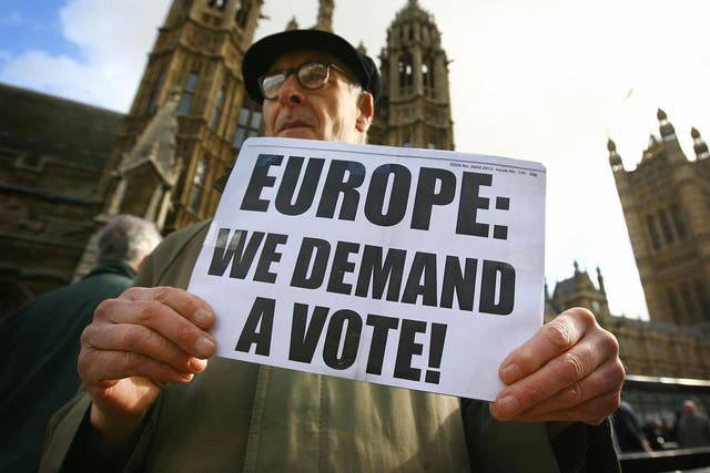 Protestors take part in a demonstration calling for a referendum on the European Union (EU) Lisbon Treaty, outside the Houses of Parliament in central London, on February 27, 2008.