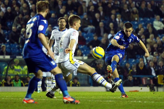 Birmingham City's Callum Reilly curls a shot at goal against Leeds