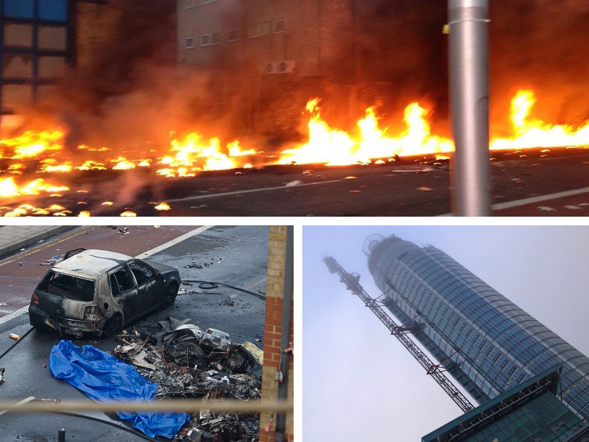 Flames in Wandsworth Road (top) after the crash. A burnt-out car (bottom left) beside wreckage. And St George Wharf Tower, where the crane was hit